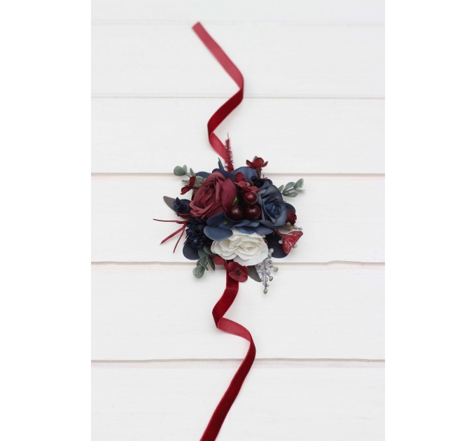 Wedding Boutonnieres & Wrist Corsage in Burgundy, White & Navy Blue | Faux Flower Accessories