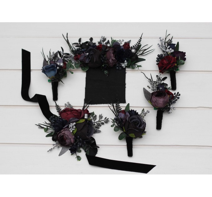 Wedding Boutonnieres & Wrist Corsage in Purple, Black, Navy Blue, Burgundy, Silver & Green | Faux Flower Accessories