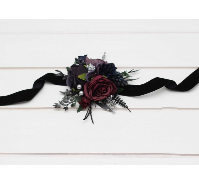 Wedding Boutonnieres & Wrist Corsage in Purple, Black, Navy Blue, Burgundy, Silver & Green | Faux Flower Accessories