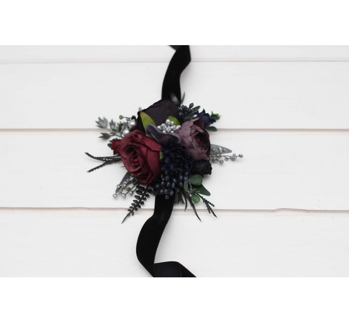 Wedding Boutonnieres & Wrist Corsage in Purple, Black, Navy Blue, Burgundy, Silver & Green | Faux Flower Accessories