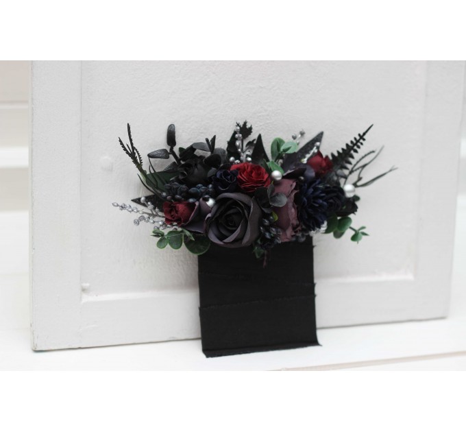 Wedding Boutonnieres & Wrist Corsage in Purple, Black, Navy Blue, Burgundy, Silver & Green | Faux Flower Accessories