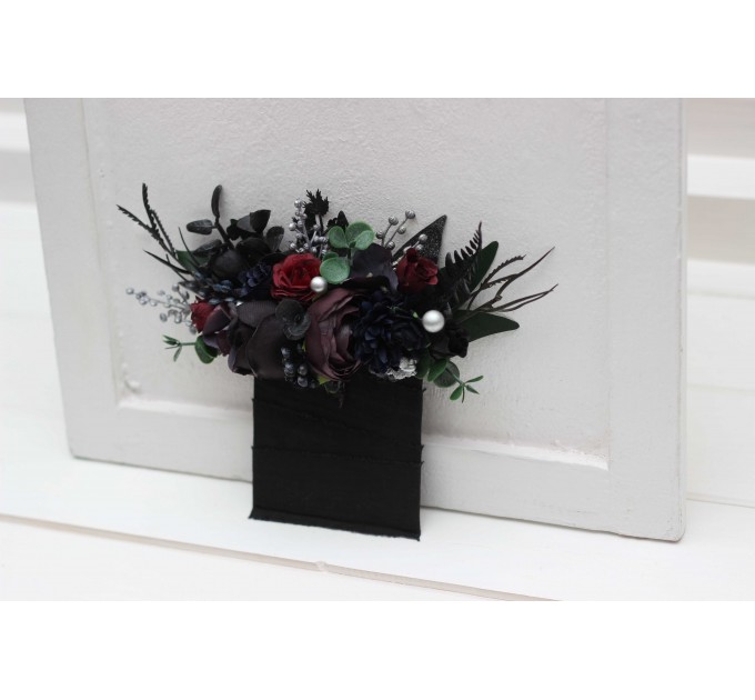 Wedding Boutonnieres & Wrist Corsage in Purple, Black, Navy Blue, Burgundy, Silver & Green | Faux Flower Accessories