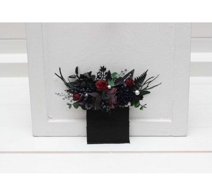 Wedding Boutonnieres & Wrist Corsage in Purple, Black, Navy Blue, Burgundy, Silver & Green | Faux Flower Accessories