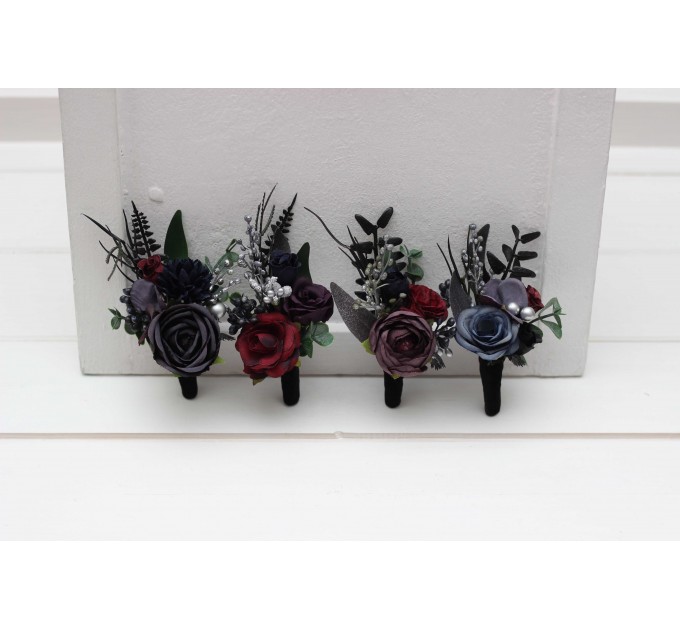 Wedding Boutonnieres & Wrist Corsage in Purple, Black, Navy Blue, Burgundy, Silver & Green | Faux Flower Accessories