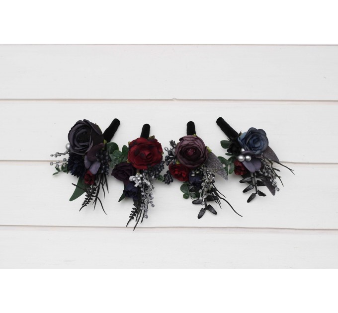 Wedding Boutonnieres & Wrist Corsage in Purple, Black, Navy Blue, Burgundy, Silver & Green | Faux Flower Accessories