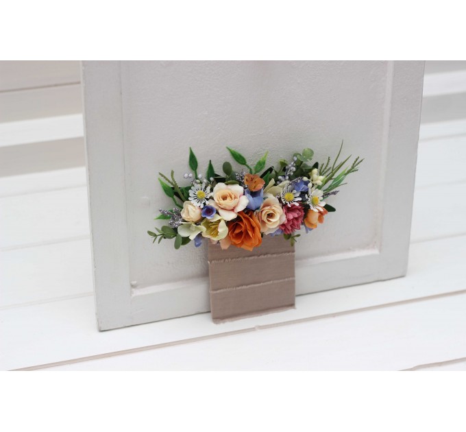 Pocket Boutonniere in Orange, Peach & Blue | Faux Flower Accessories