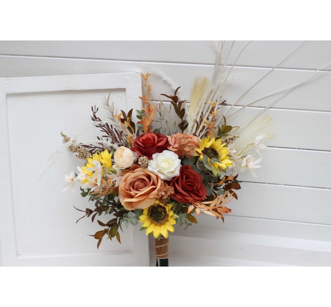 Sunflower & Pampas Grass Boho Bridal Bouquet | Orange, Rust & Beige Faux Wedding Flowers