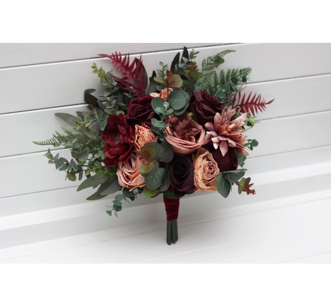 Wedding Bouquets in Dusty Rose, Burgundy & Deep Green | Faux Bridal & Bridesmaid Bouquets