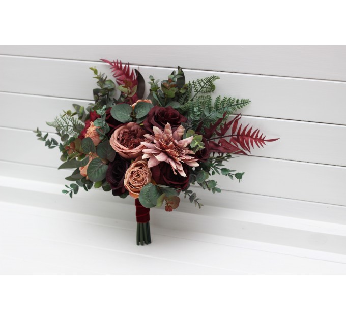 Wedding Bouquets in Dusty Rose, Burgundy & Deep Green | Faux Bridal & Bridesmaid Bouquets