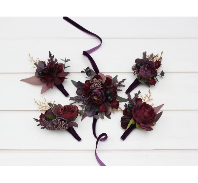Wedding Boutonnieres & Wrist Corsage in Purple, Burgundy & Gold | Faux Flower Accessories