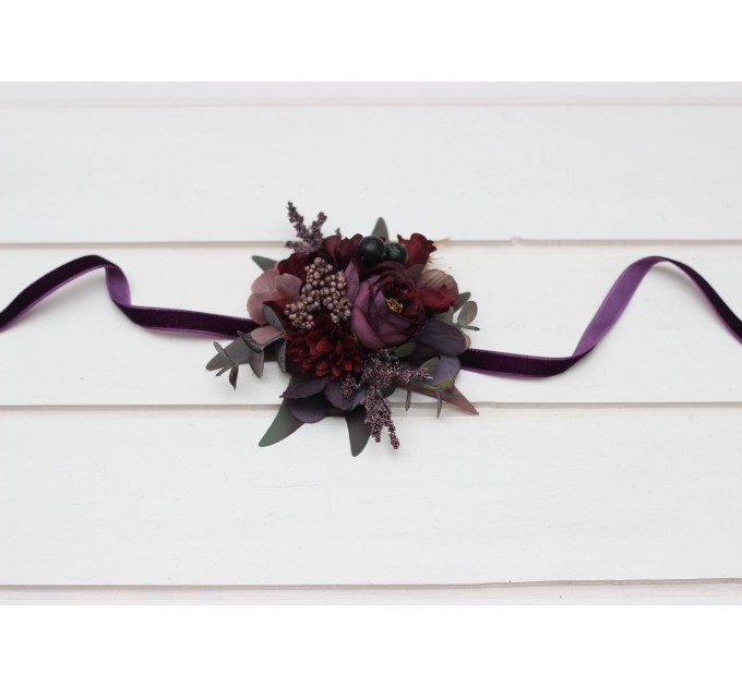 Wedding Boutonnieres & Wrist Corsage in Purple, Burgundy & Gold | Faux Flower Accessories