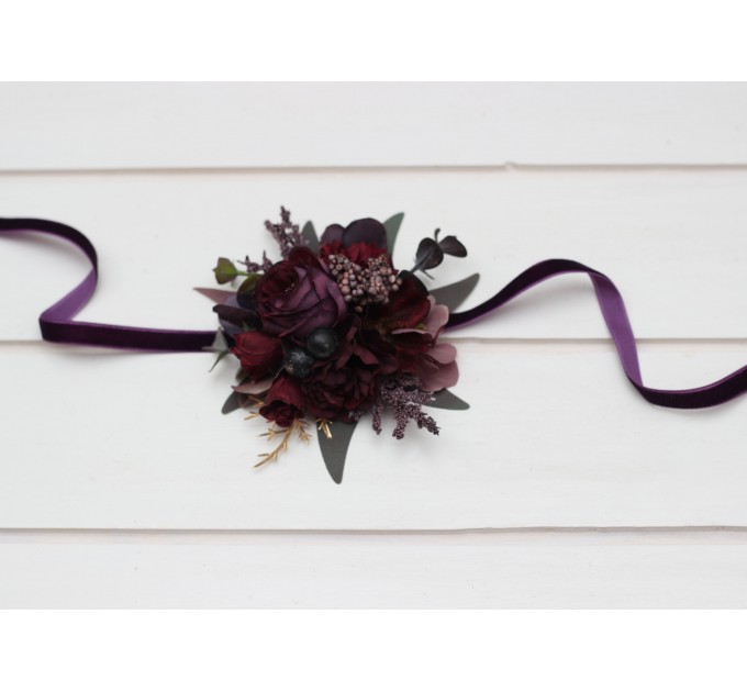 Wedding Boutonnieres & Wrist Corsage in Purple, Burgundy & Gold | Faux Flower Accessories