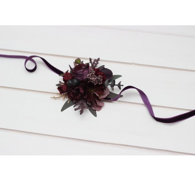 Wedding Boutonnieres & Wrist Corsage in Purple, Burgundy & Gold | Faux Flower Accessories