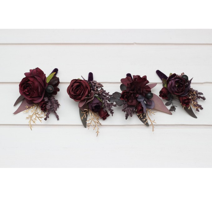Wedding Boutonnieres & Wrist Corsage in Purple, Burgundy & Gold | Faux Flower Accessories