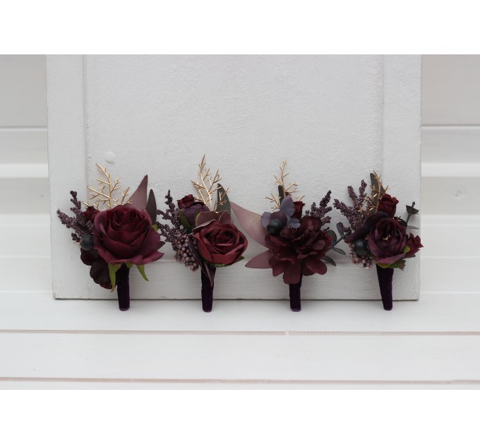 Wedding Boutonnieres & Wrist Corsage in Purple, Burgundy & Gold | Faux Flower Accessories