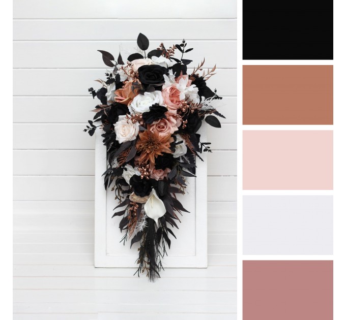 Dusty Rose, Black, Cinnamon, and White Cascading Wedding Bouquets – Gothic Bridal & Bridesmaid Designs