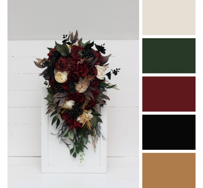 Burgundy, Black, Gold, and Ivory Wedding Bouquets – Bridal and Cascading Faux Bouquets