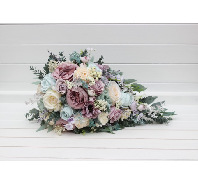 Wedding Bouquets in Dusty Purple, Pale Turquoise & Cream | Faux Bridal & Bridesmaid Bouquets