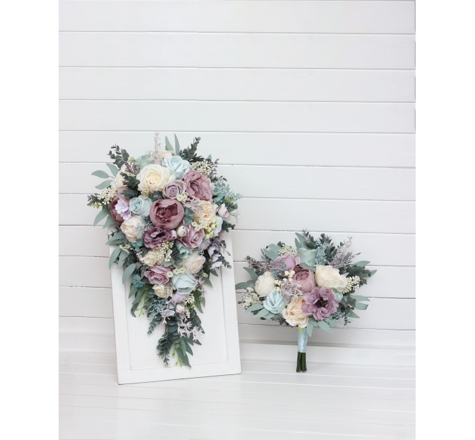 Wedding Bouquets in Dusty Purple, Pale Turquoise & Cream | Faux Bridal & Bridesmaid Bouquets