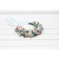 Dusty purple pale turquoise cream flower crown. Hair wreath. Flower girl crown. Wedding flowers. 5322