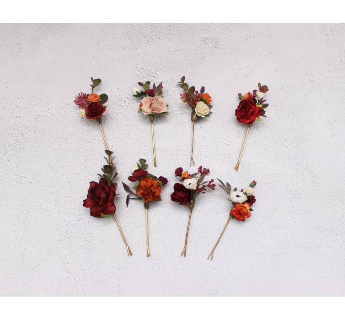 Set of 8 bobby pins in rust burgundy dusty rose ivory color scheme. Hair accessories. Flower accessories for wedding. 0039