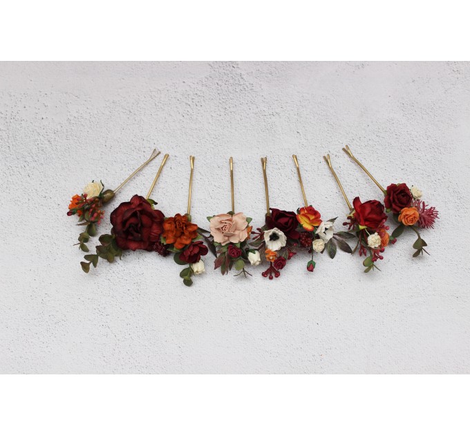 Set of 8 bobby pins in rust burgundy dusty rose ivory color scheme. Hair accessories. Flower accessories for wedding. 0039