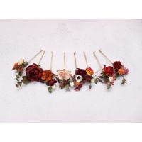  Set of  8 bobby pins in rust burgundy dusty rose ivory color scheme. Hair accessories. Flower accessories for wedding.  0039