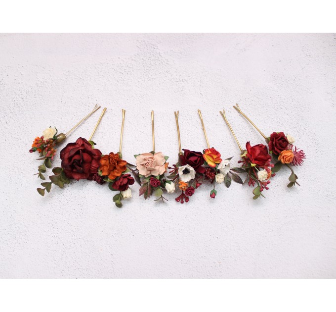 Set of 8 bobby pins in rust burgundy dusty rose ivory color scheme. Hair accessories. Flower accessories for wedding. 0039