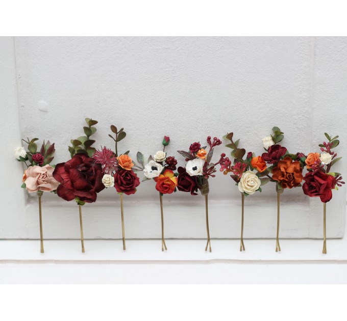 Set of 8 bobby pins in rust burgundy dusty rose ivory color scheme. Hair accessories. Flower accessories for wedding. 0039