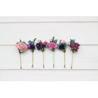  Set of  6 bobby pins in emerald green purple magenta teal  color scheme. Jewel-tone wedding .Hair accessories. Flower accessories for wedding.  5055