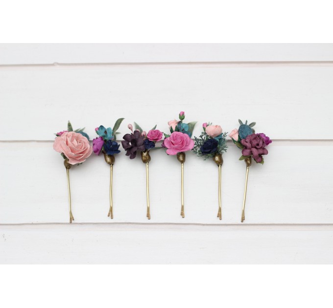 Set of 6 bobby pins in emerald green purple magenta teal color scheme. Jewel-tone wedding.Hair accessories. Flower accessories for wedding. 5055