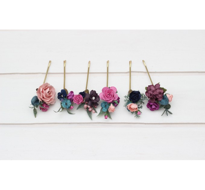 Set of 6 bobby pins in emerald green purple magenta teal color scheme. Jewel-tone wedding.Hair accessories. Flower accessories for wedding. 5055