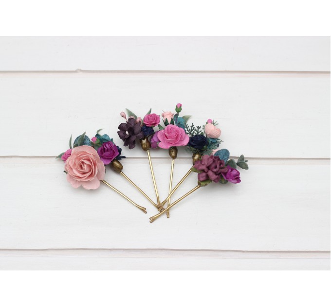 Set of 6 bobby pins in emerald green purple magenta teal color scheme. Jewel-tone wedding.Hair accessories. Flower accessories for wedding. 5055