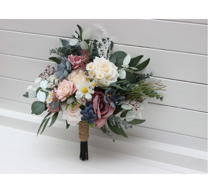 Wedding Bouquets in Dusty Mauve, Dusty Blue & Ivory | Faux Bridal & Bridesmaid Bouquets