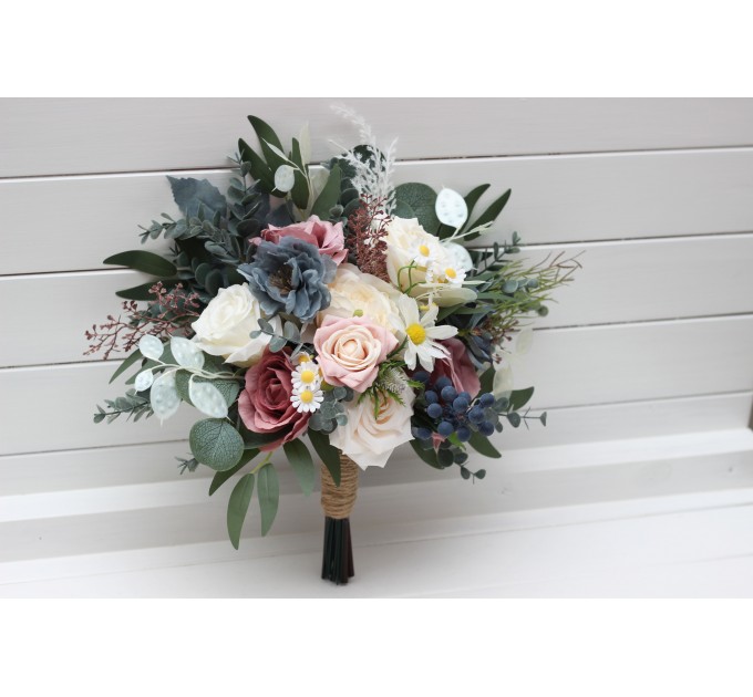 Wedding Bouquets in Dusty Mauve, Dusty Blue & Ivory | Faux Bridal & Bridesmaid Bouquets