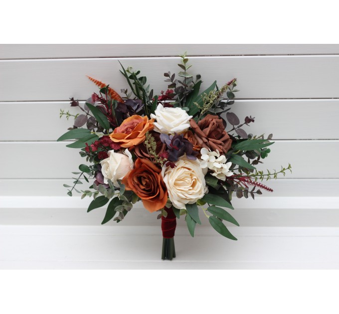 Bridesmaid Bouquet in Brown, Cream, Purple, Rust & Burgundy | Fall Wedding Faux Bouquet