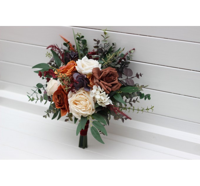 Bridesmaid Bouquet in Brown, Cream, Purple, Rust & Burgundy | Fall Wedding Faux Bouquet