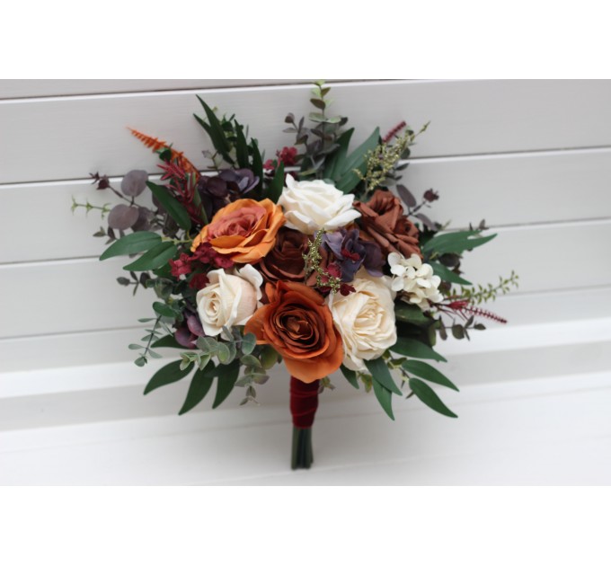 Bridesmaid Bouquet in Brown, Cream, Purple, Rust & Burgundy | Fall Wedding Faux Bouquet