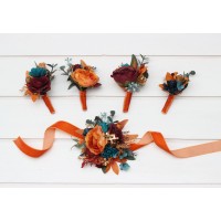  Wedding boutonnieres and wrist corsage  in teal rust burgundy gold color scheme. Flower accessories. 5311