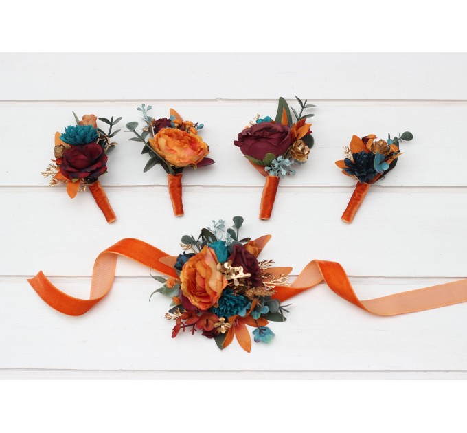 Wedding boutonnieres and wrist corsage in teal rust burgundy gold color scheme. Flower accessories. 5311
