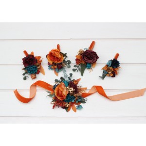  Wedding boutonnieres and wrist corsage  in teal rust burgundy gold color scheme. Flower accessories. 5311