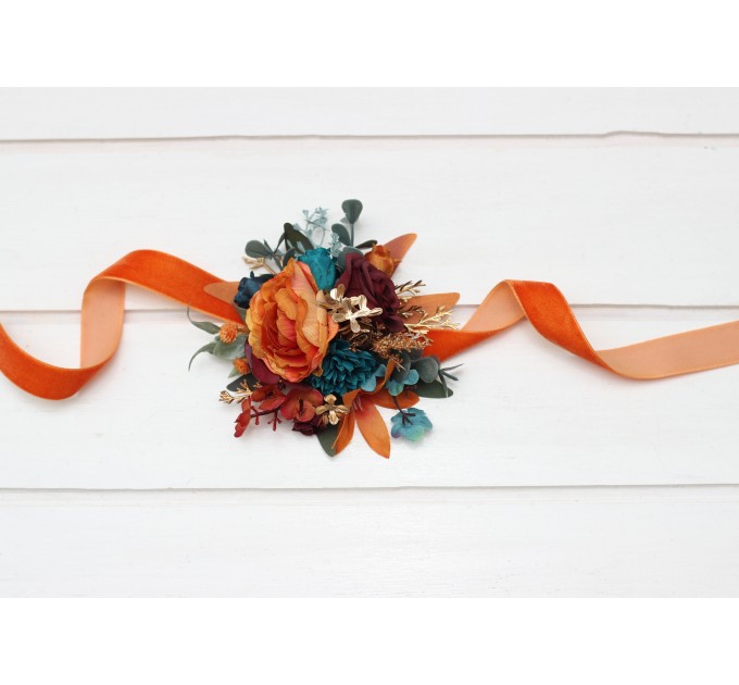 Wedding boutonnieres and wrist corsage in teal rust burgundy gold color scheme. Flower accessories. 5311