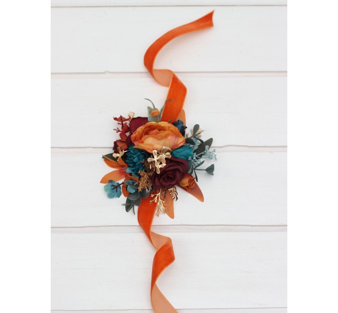 Wedding boutonnieres and wrist corsage in teal rust burgundy gold color scheme. Flower accessories. 5311