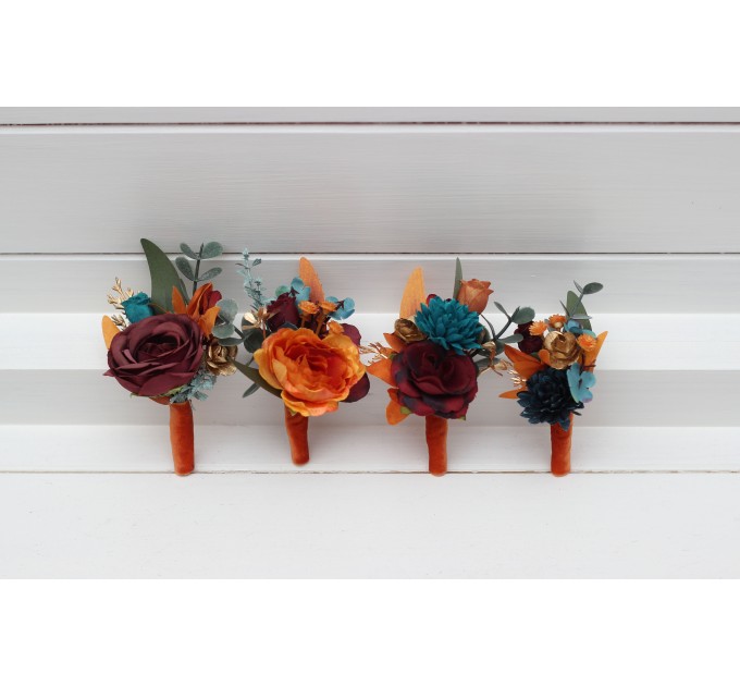 Wedding boutonnieres and wrist corsage in teal rust burgundy gold color scheme. Flower accessories. 5311