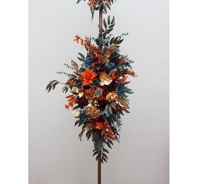 Flower Arch Arrangement in Teal, Rust, Burgundy & Gold | Faux Floral Archway for Wedding