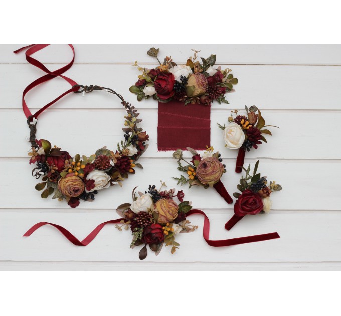 Wedding boutonnieres and wrist corsage in burgundy ivory white brown color scheme. Flower accessories. Pocket boutonniere. 5310