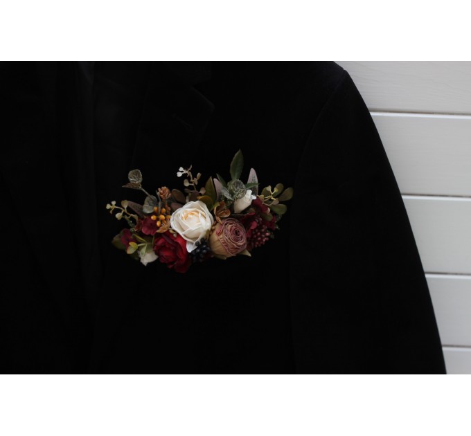 Wedding boutonnieres and wrist corsage in burgundy ivory white brown color scheme. Flower accessories. Pocket boutonniere. 5310