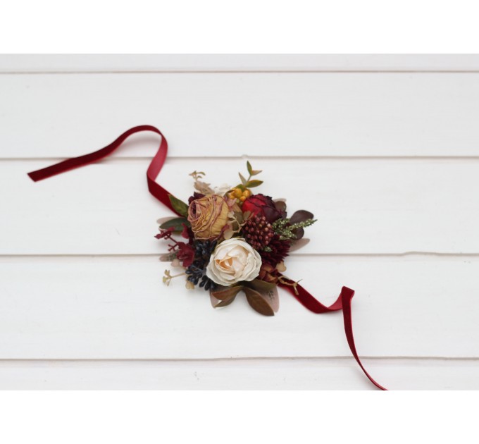 Wedding boutonnieres and wrist corsage in burgundy ivory white brown color scheme. Flower accessories. Pocket boutonniere. 5310
