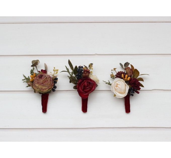 Wedding boutonnieres and wrist corsage in burgundy ivory white brown color scheme. Flower accessories. Pocket boutonniere. 5310