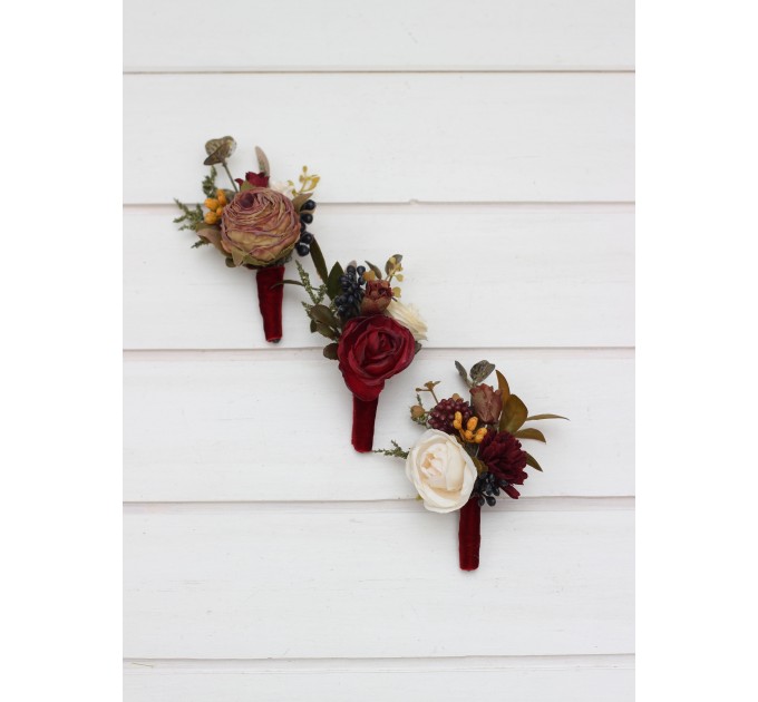 Wedding boutonnieres and wrist corsage in burgundy ivory white brown color scheme. Flower accessories. Pocket boutonniere. 5310